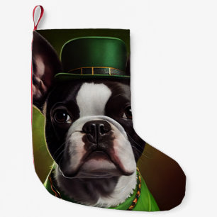 Boston Terrier hund i St. Patrick's Day dräkt Liten Julstrumpa