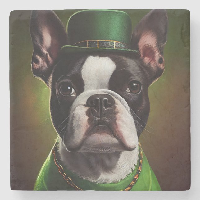 Boston Terrier hund i St. Patrick's Day dräkt Stenunderlägg (Framsidan)
