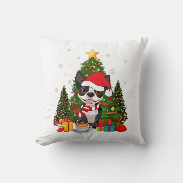 Boston Terrier-Hund jul är ett gift-kaffe-ljus Kudde (Framsida)