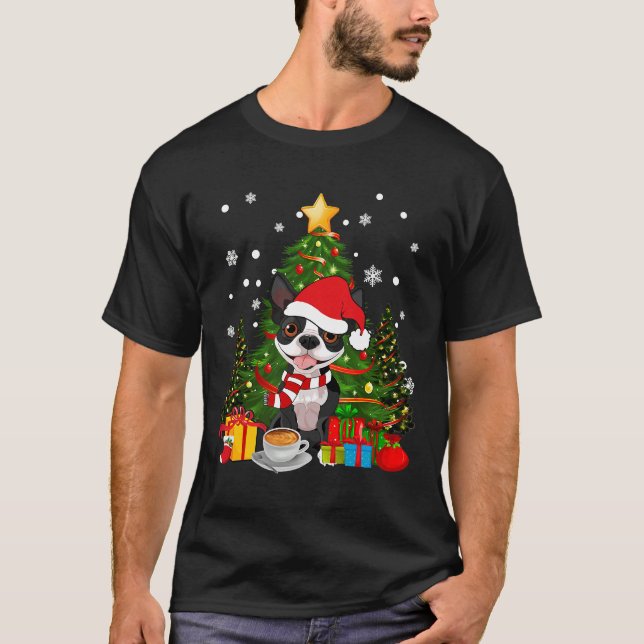 Boston Terrier Hund jul är kaffe Light Träd T Shirt (Framsida)