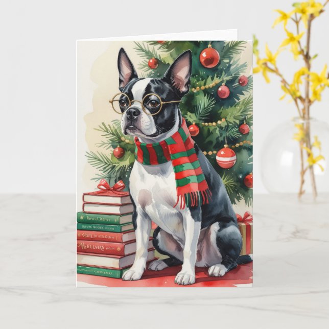 Boston Terrier Hund jul Hälsning Kort (Gul blomma)