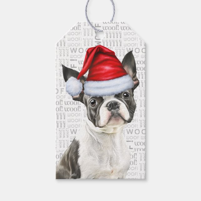 Boston Terrier Hund jul-Helgdag Presentetikett (Framsidan)