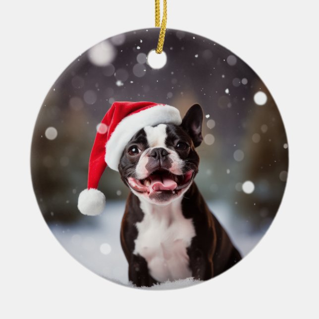 Boston Terrier Hund jul Keepsaké Julgransprydnad Keramik (Framsidan)
