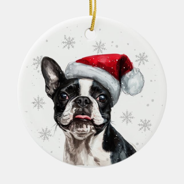 Boston Terrier Hund Jul Personlig Julgransprydnad Keramik (Framsidan)