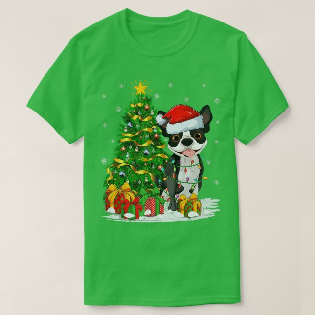 Boston Terrier Hund Julafton Träd Santa Boston Ter T Shirt (Design framsida)