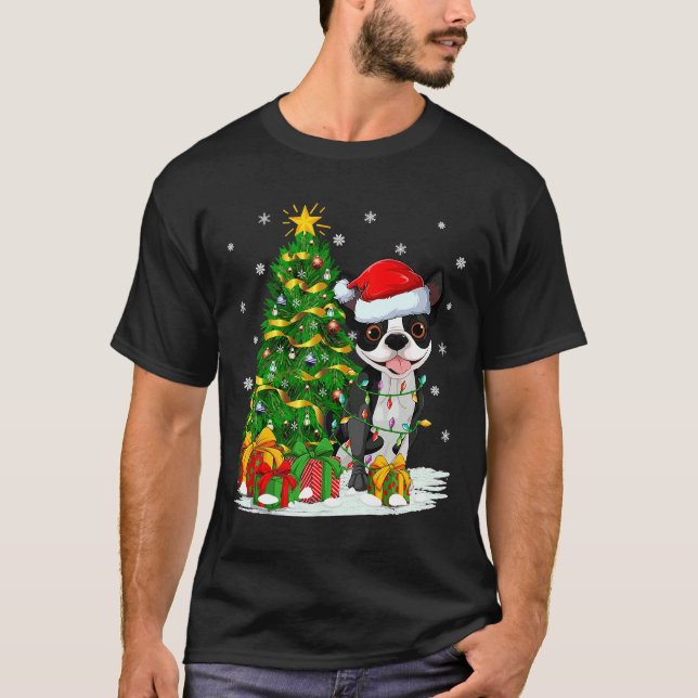 Boston Terrier Hund Julafton Träd Santa T Shirt (Framsida)