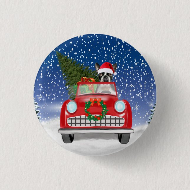 Boston terrier Hund Kör Bil I Snö Jul  Knapp (Framsida)