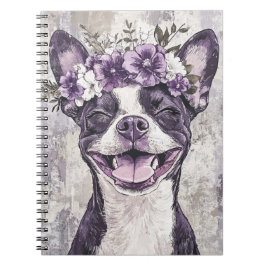 Boston Terrier Hund Lila Blommigt Anteckningsbok