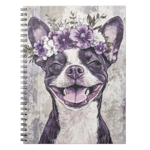 Boston Terrier Hund Lila Blommigt Anteckningsbok