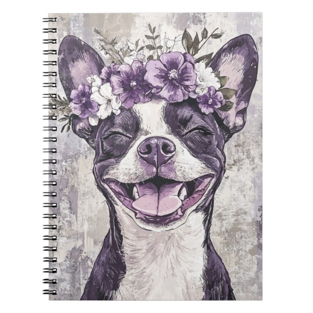 Boston Terrier Hund Lila Blommigt Anteckningsbok (Framsidan)