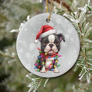 Boston Terrier Hund Lindad i Julbelysning Julgransprydnad Keramik