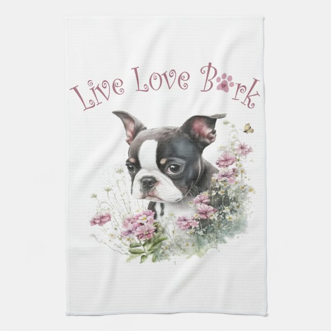 Boston Terrier Hund Mamma Blommigt Kökshandduk (Vertikal)
