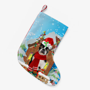 Boston Terrier-hund med julklappar Liten Julstrumpa