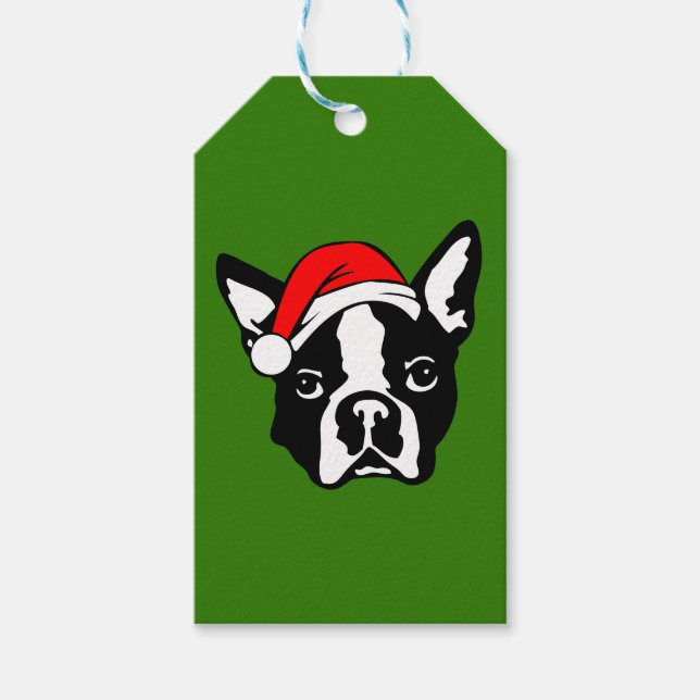 Boston Terrier Hund med jultomten Hat Presentetikett (Framsidan)