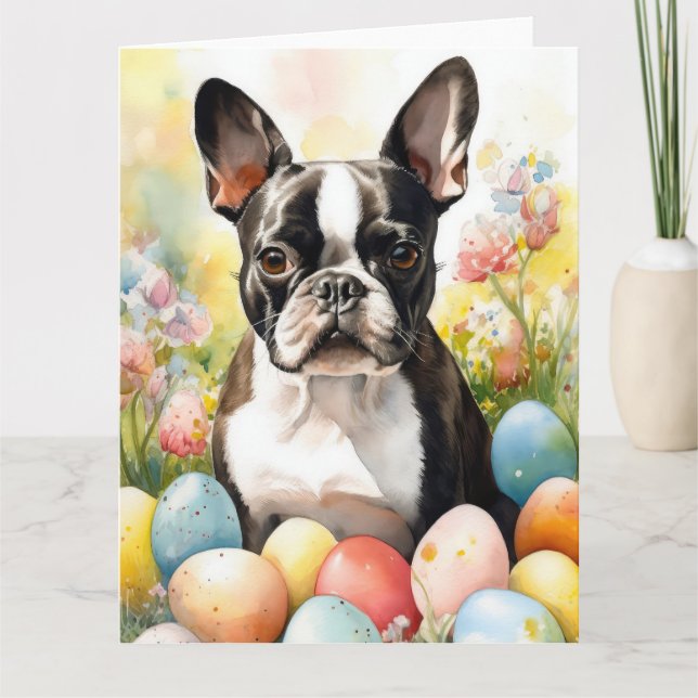 Boston Terrier Hund med påskägg Semester Kort (Framsida)
