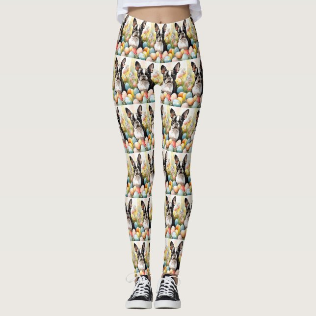 Boston Terrier Hund med Påskägg Semester Leggings (Framsida)