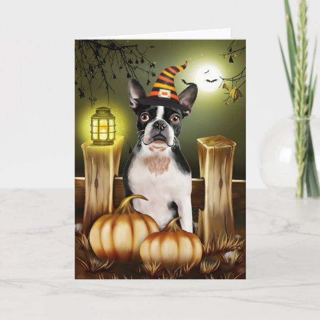 Boston Terrier Hund med Witch Hat Halloween Kort (Framsida)