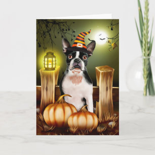 Boston Terrier Hund med Witch Hat Halloween Kort