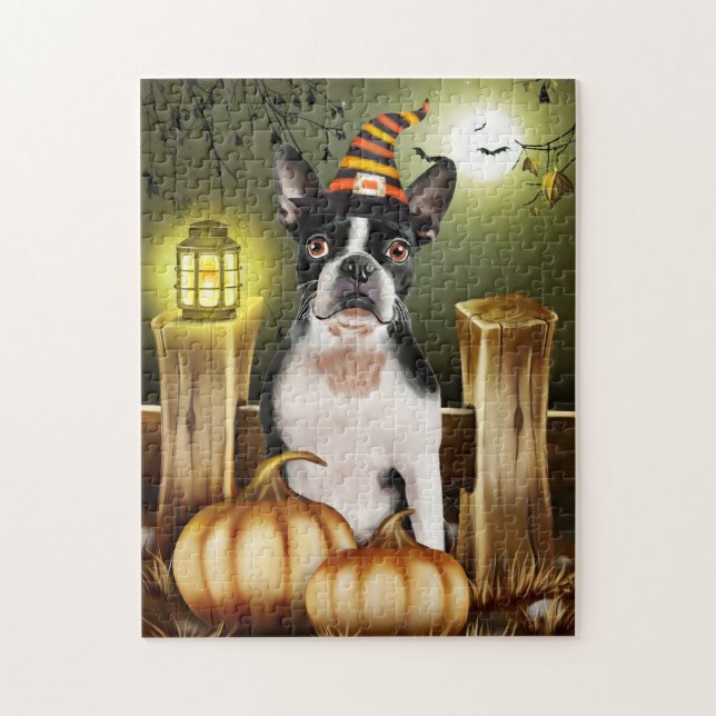 Boston Terrier Hund med Witch Hat Halloween Pussel (Vertikal)