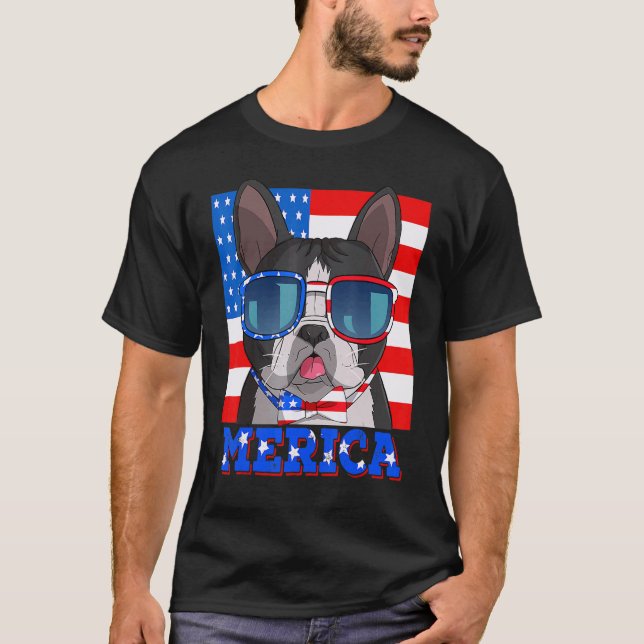 Boston Terrier Hund Merica 4:e juli American Fla T Shirt (Framsida)