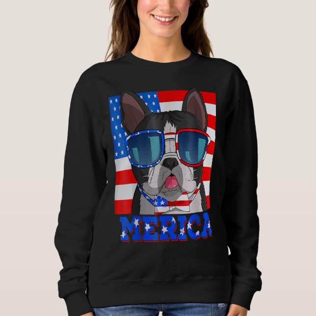Boston Terrier Hund Merica 4:e juli American Fla T Shirt (Framsida)