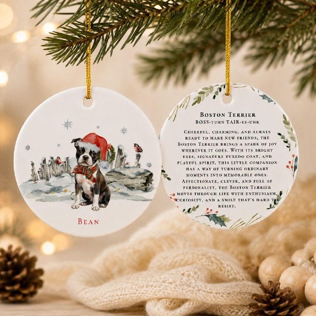 Boston Terrier Hund Monogram Julgransprydnad Keramik (Skapare uppladdad)