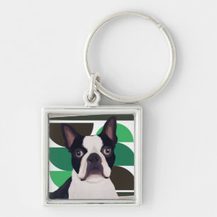 Boston Terrier Hund - Mörk grönt geometrisk Fyrkantig Silverfärgad Nyckelring