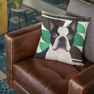 Boston Terrier Hund - Mörk grönt geometrisk Kudde
