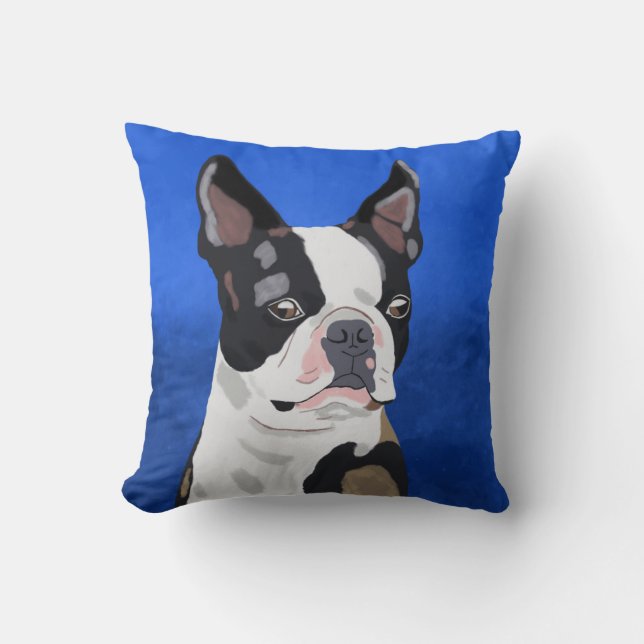 Boston Terrier Hund Oljemålning Art Porträtt Kudde (Framsida)