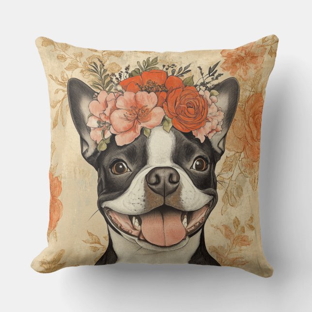 Boston Terrier Hund Orange Blommig  Kudde (Framsida)