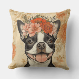 Boston Terrier Hund Orange Blommigt Kudde
