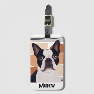 Boston Terrier Hund - Orange Geometric Bagagebricka