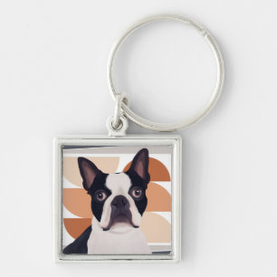 Boston Terrier Hund - Orange Geometric Fyrkantig Silverfärgad Nyckelring