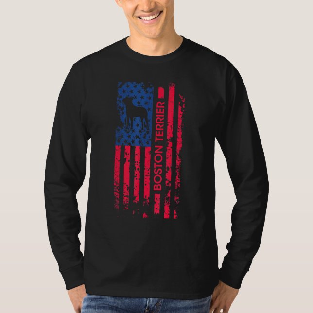 Boston Terrier Hund Patriotic American Flagga 4:e  T Shirt (Framsida)