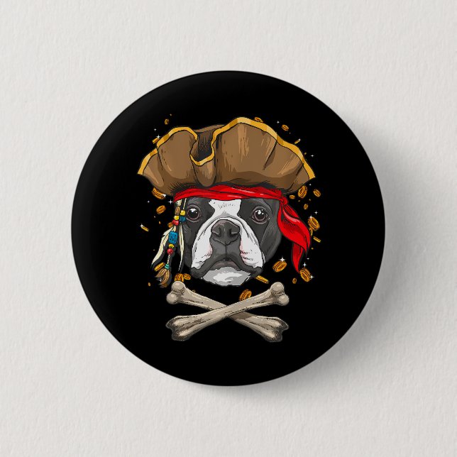 Boston Terrier Hund Pirat Jolly Roger Flagga Knapp (Framsida)