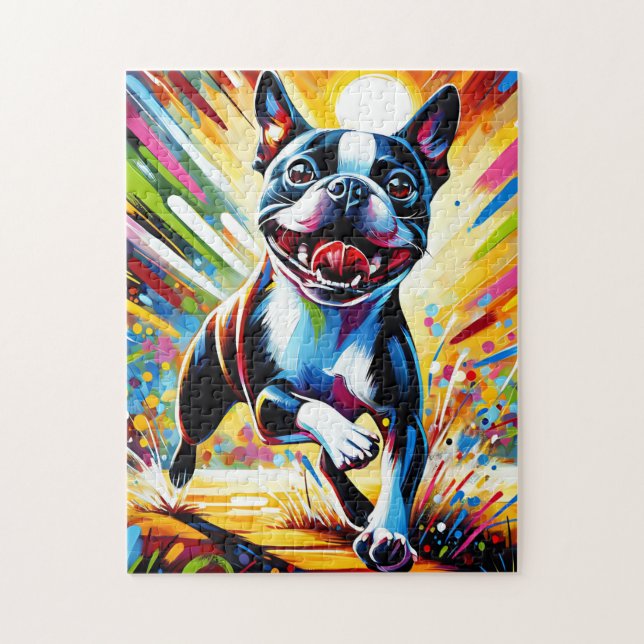 Boston Terrier Hund Porträtt Acrylic Art Skriv Hun Pussel (Vertikal)