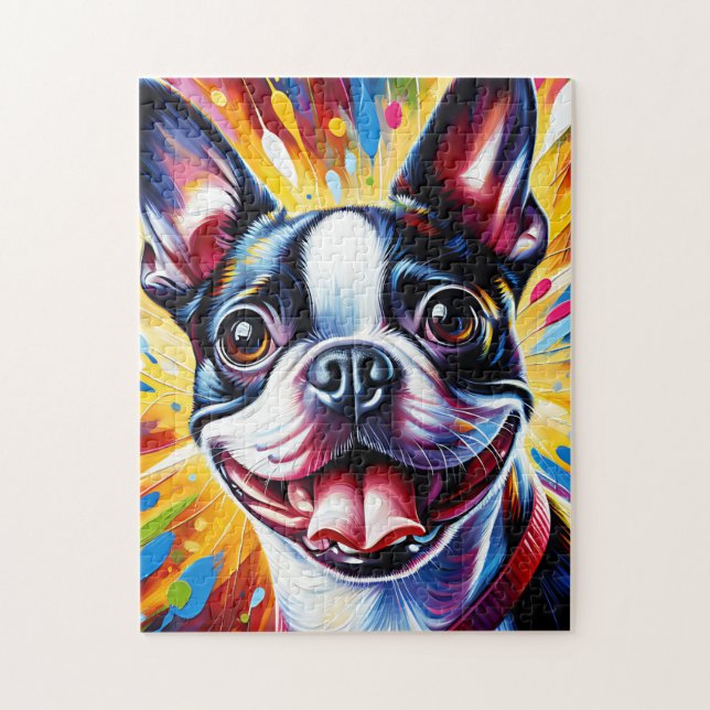 Boston Terrier Hund Porträtt Acrylic Art Skriv Hun Pussel (Vertikal)