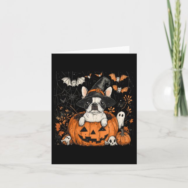Boston Terrier Hund Pumpkin Halloween Thanksgiving Kort (Framsida)