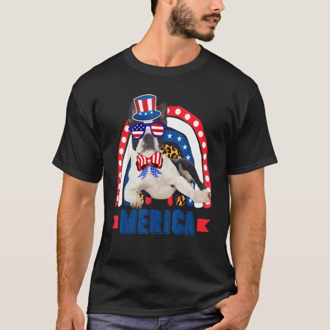 Boston Terrier Hund Rainbow Leopard Merica Flagga  T Shirt (Framsida)