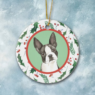Boston Terrier Hund Red Berry Holly Gräns Julgransprydnad Keramik