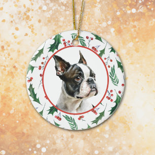 Boston Terrier Hund Red Berry Holly Gräns Julgransprydnad Keramik