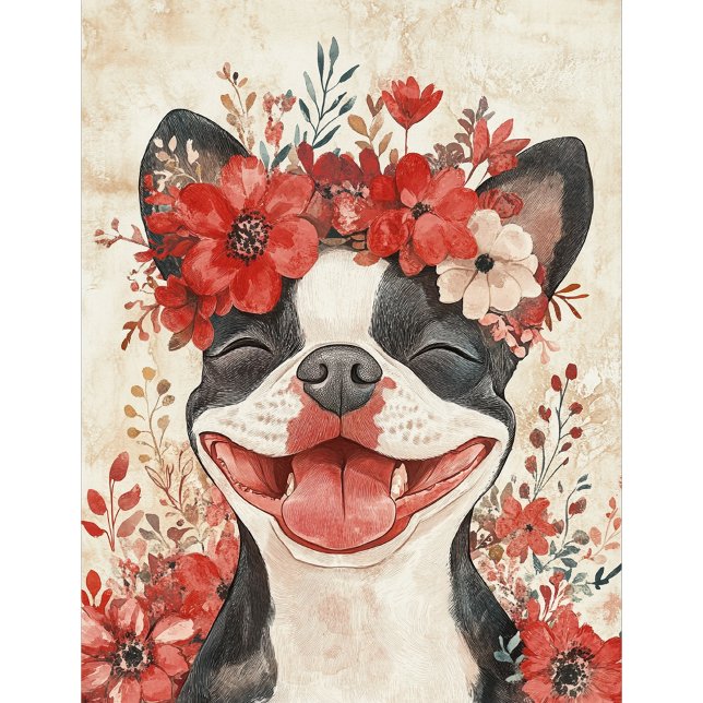 Boston Terrier Hund Red Blommigt Casinokort (Skapare uppladdad)