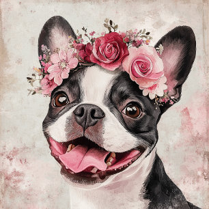 Boston Terrier Hund Red Blommigt Tygkasse