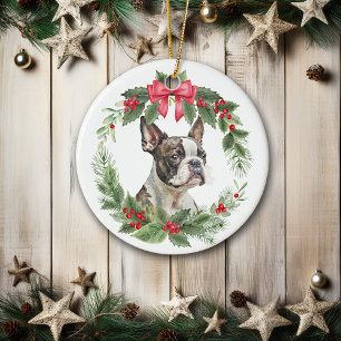 Boston Terrier Hund Red Bow Holly Wandeans Julgransprydnad Keramik