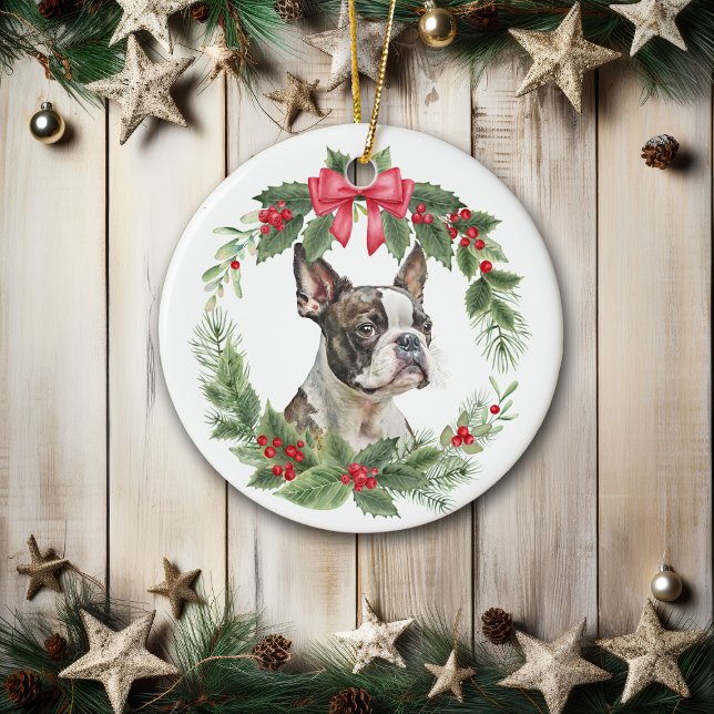 Boston Terrier Hund Red Bow Holly Wandeans Julgransprydnad Keramik (Skapare uppladdad)