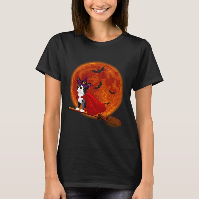 Boston Terrier Hund Riding Broom Blood Måne T Shirt (Framsida)