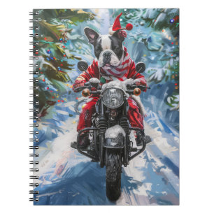 Boston Terrier Hund Riding Motorcykel jul Anteckningsbok