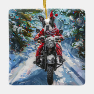 Boston Terrier Hund Riding Motorcykel jul Julgransprydnad Keramik