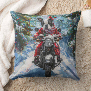 Boston Terrier Hund Riding Motorcykel jul Kudde