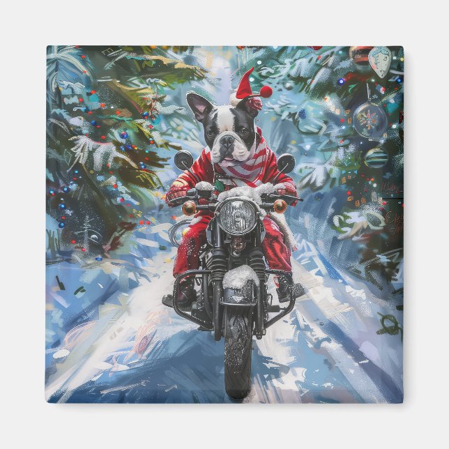 Boston Terrier Hund Riding Motorcykel jul Magnet (Framsidan)